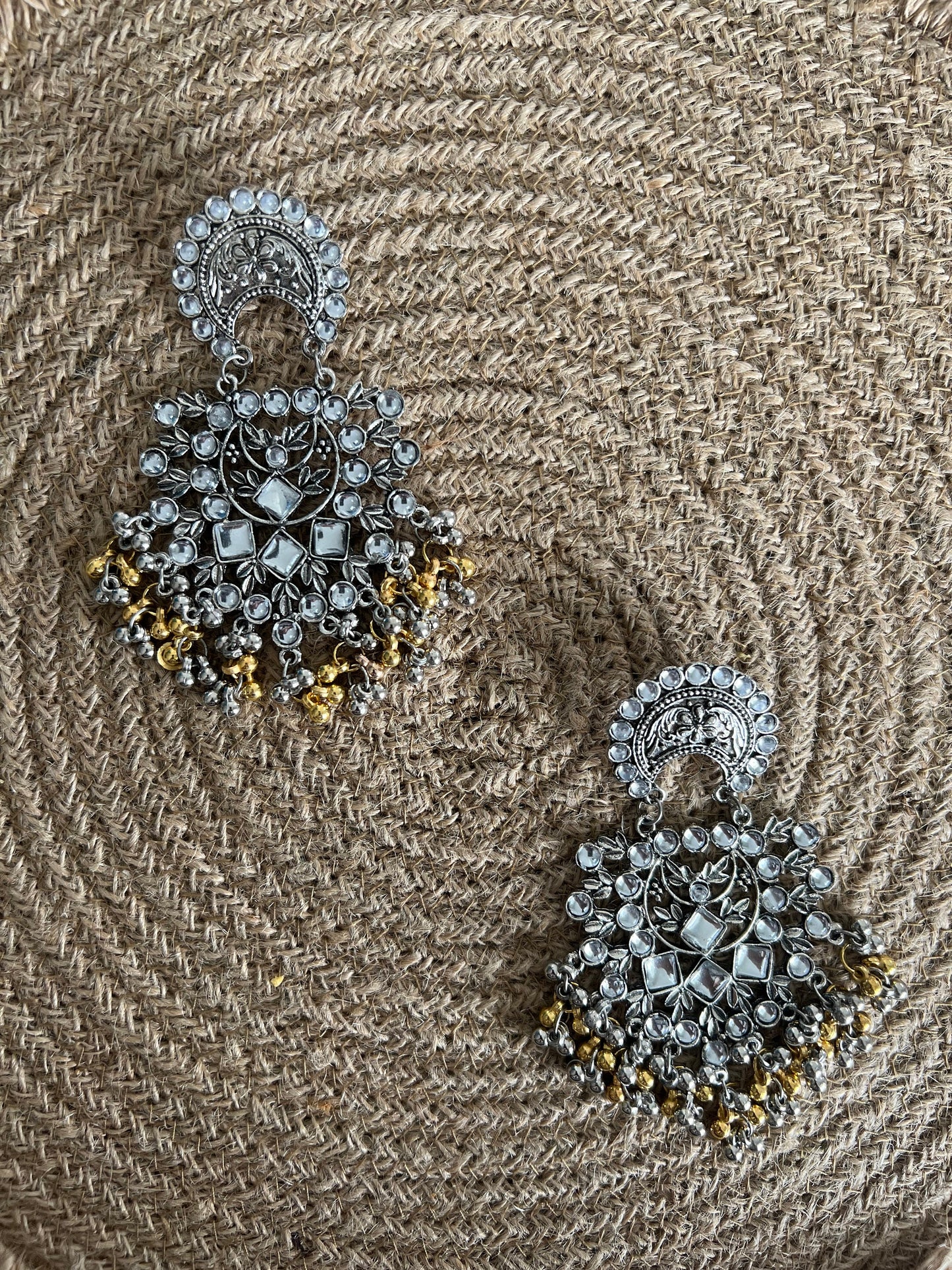 Kundan and mirror big silver look oxidised with golden beads unique ethnic earrings