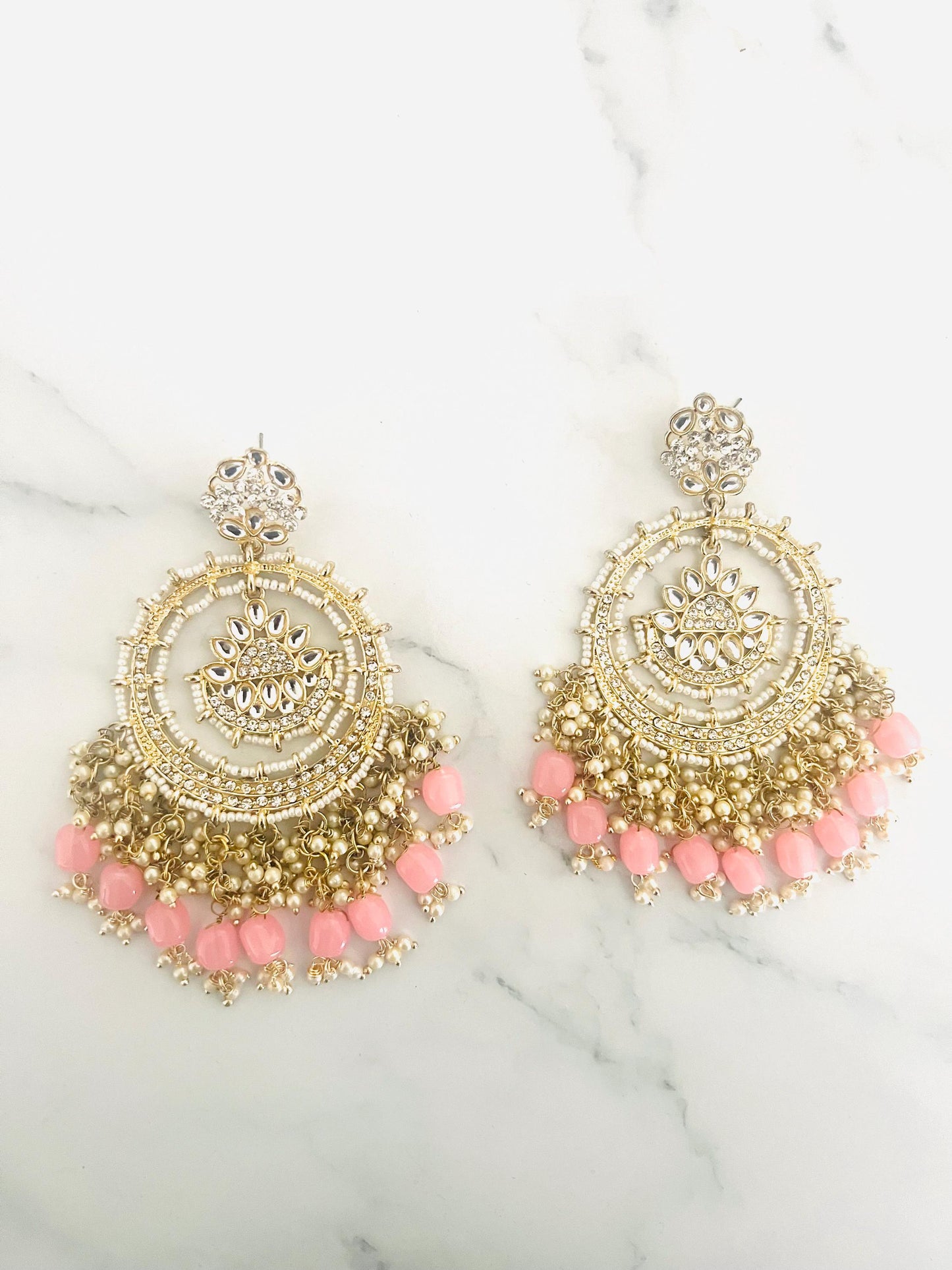 Glamorous light pink kundan and beads Chandbaali earring