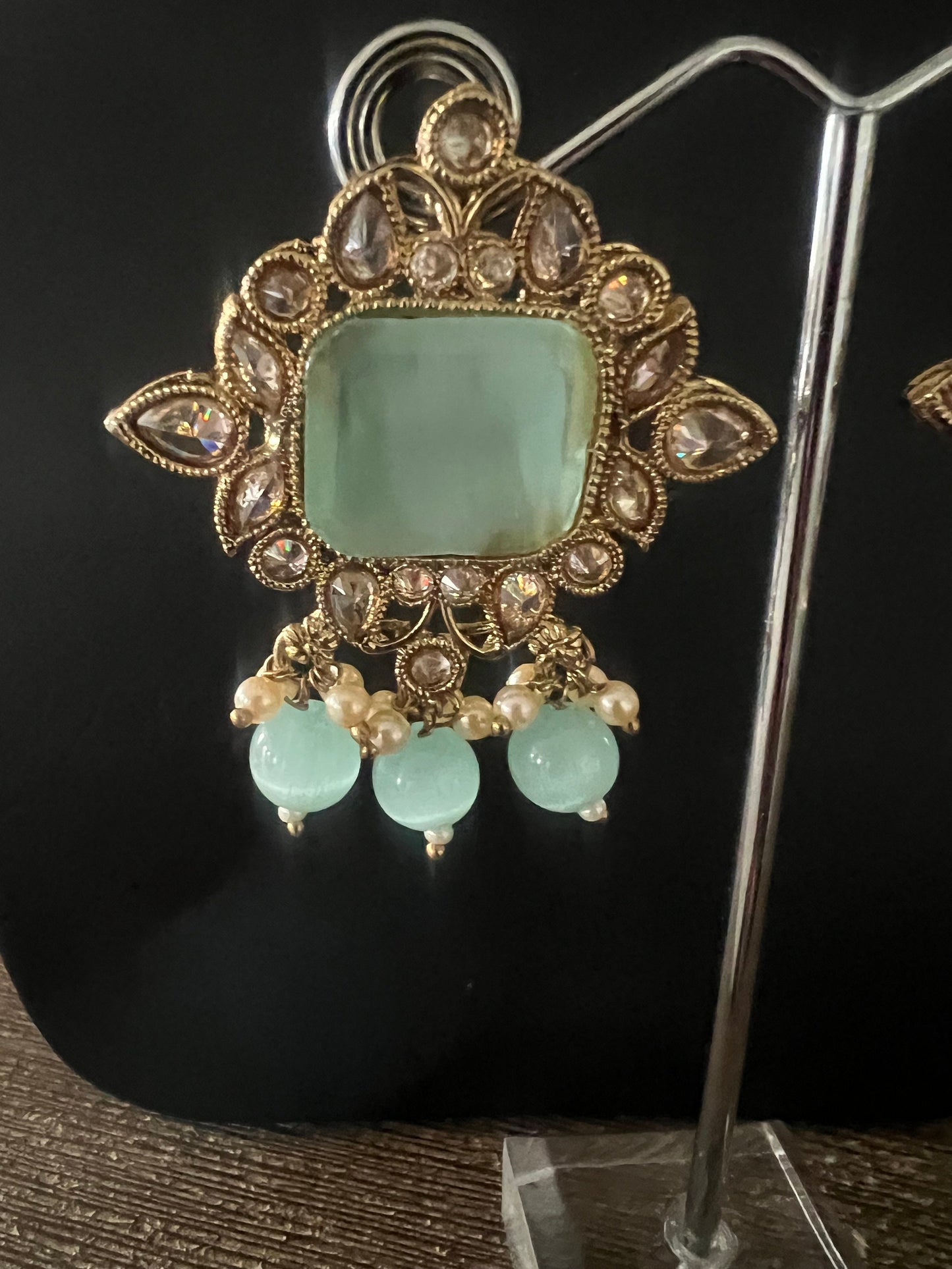 Polki designer earring choker and maang tikka mint set