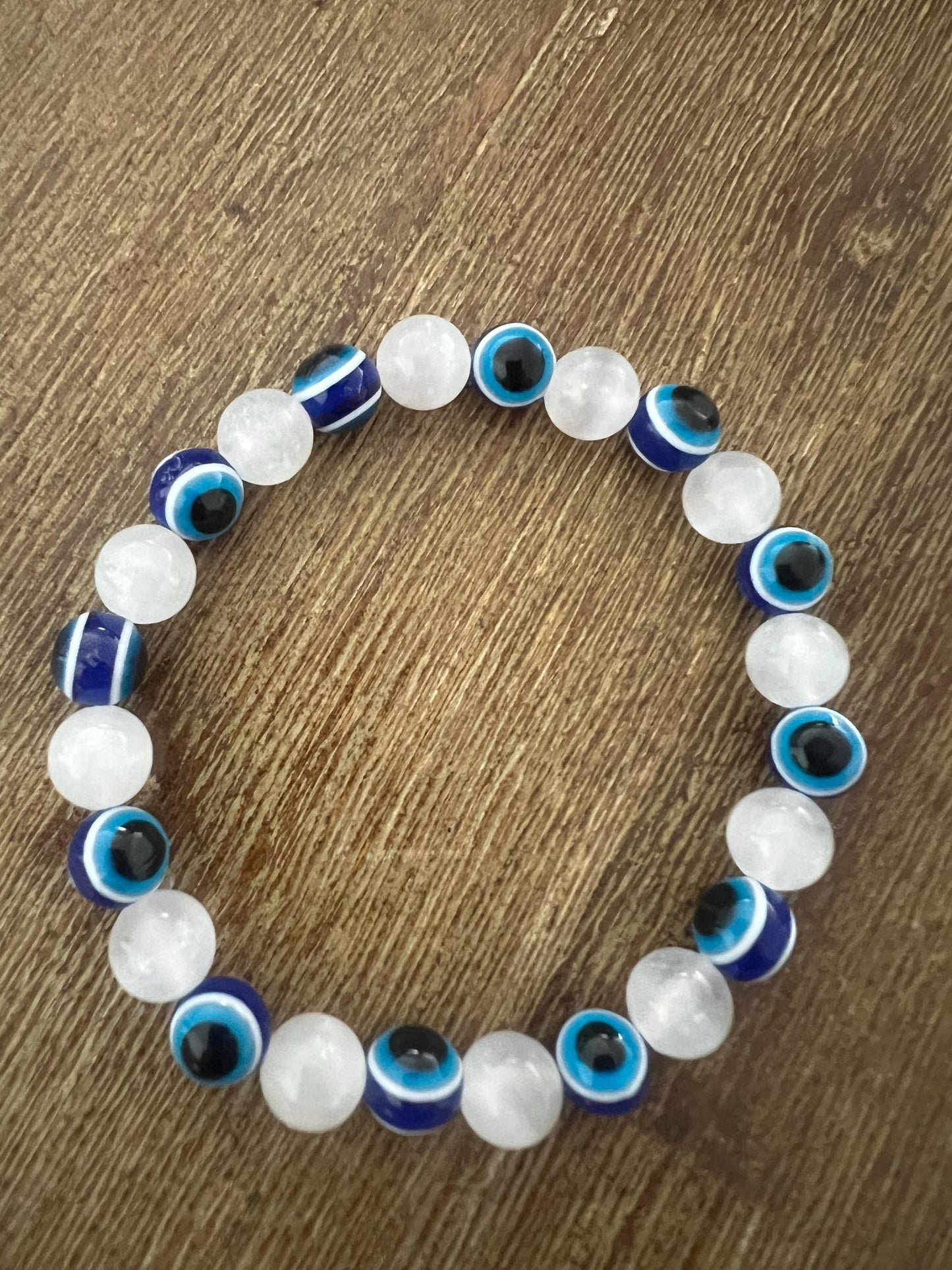 Evil eye and selenite crystal 8mm beads for protection shield, recharge. remove negative energy clearing bracelet