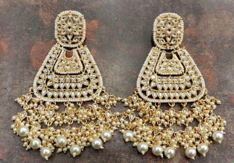 Ultimate glam kundan and faux pearl in gold setting big earrings weddings party designer ethnic