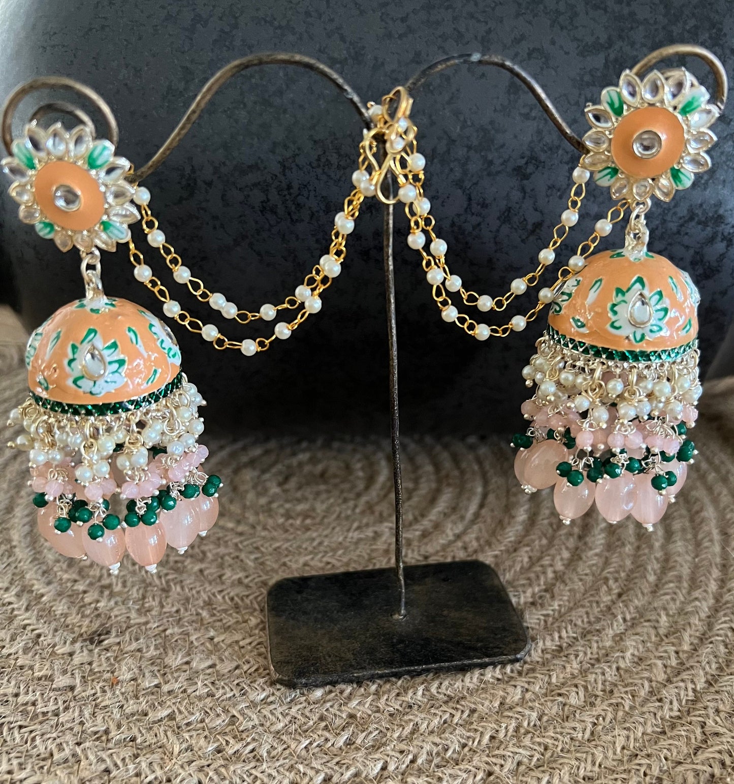 Meenakari jhalar jhumki earrings with pearl chain