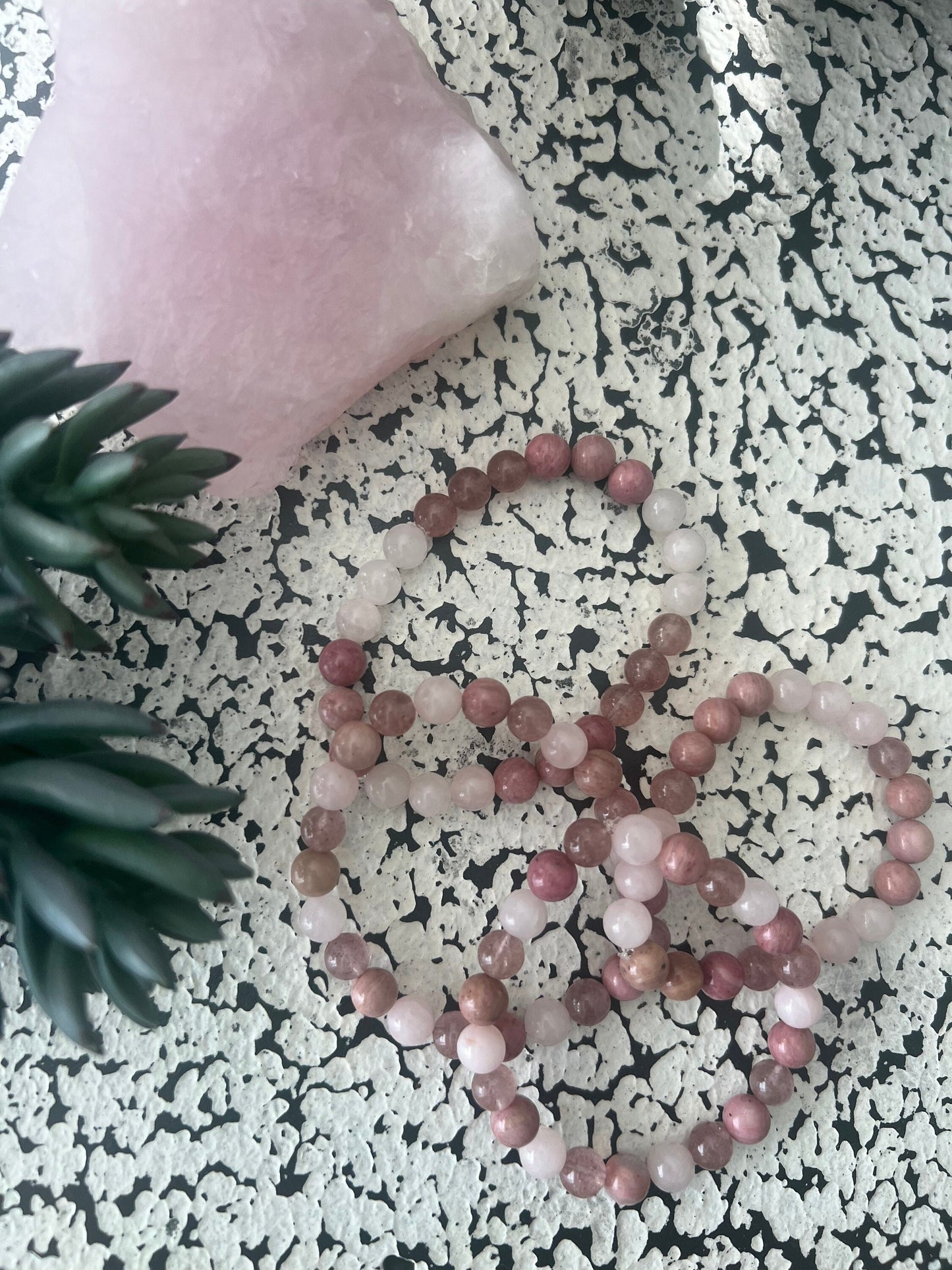 Trio love crystal Rose quartz strawberry quartz and Rhodonite crystal healing bracelet