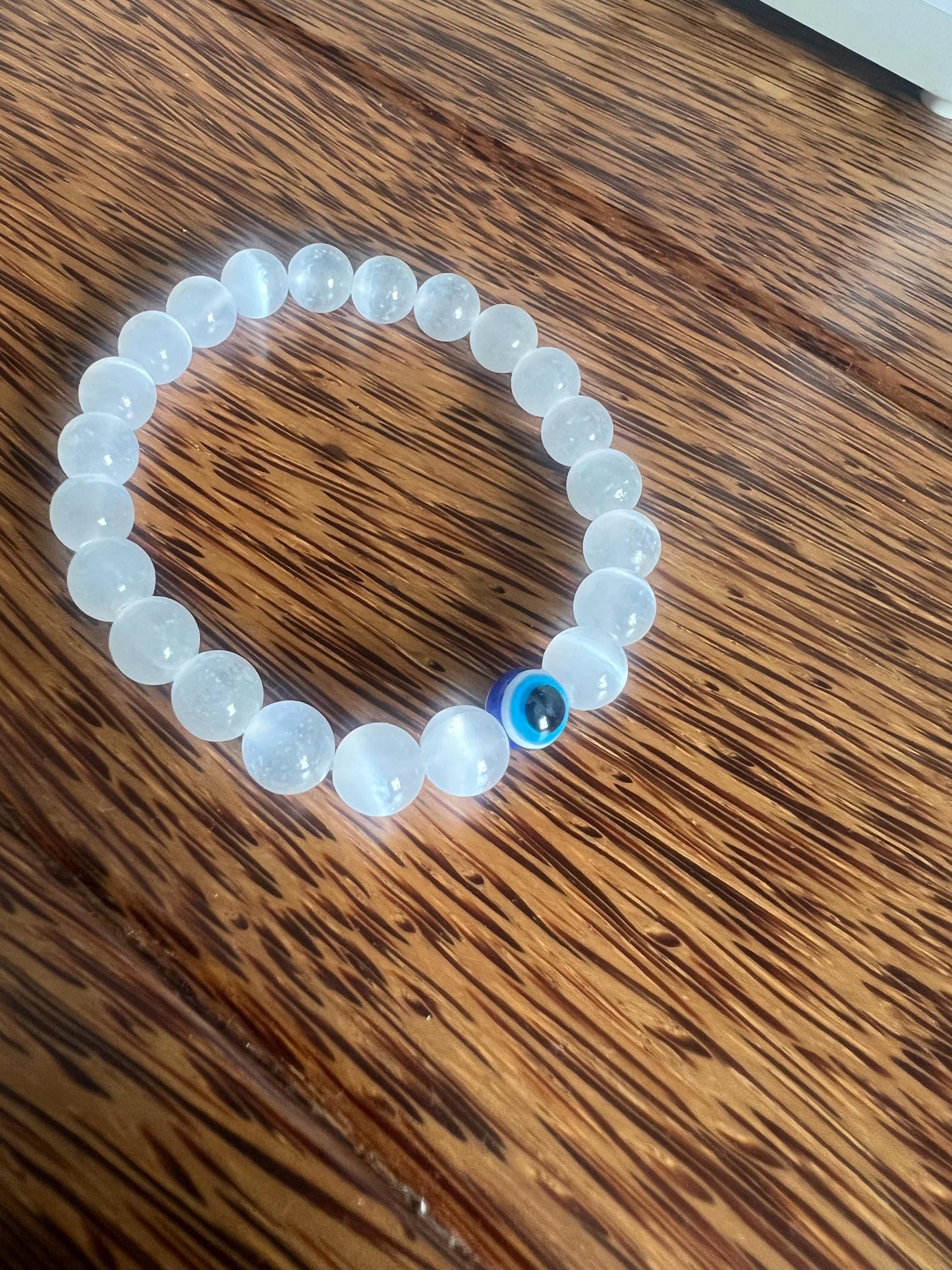 Selenite cleansing recharge healing crystal 8mm beads with evil eye for protection ,healing and high vibrational