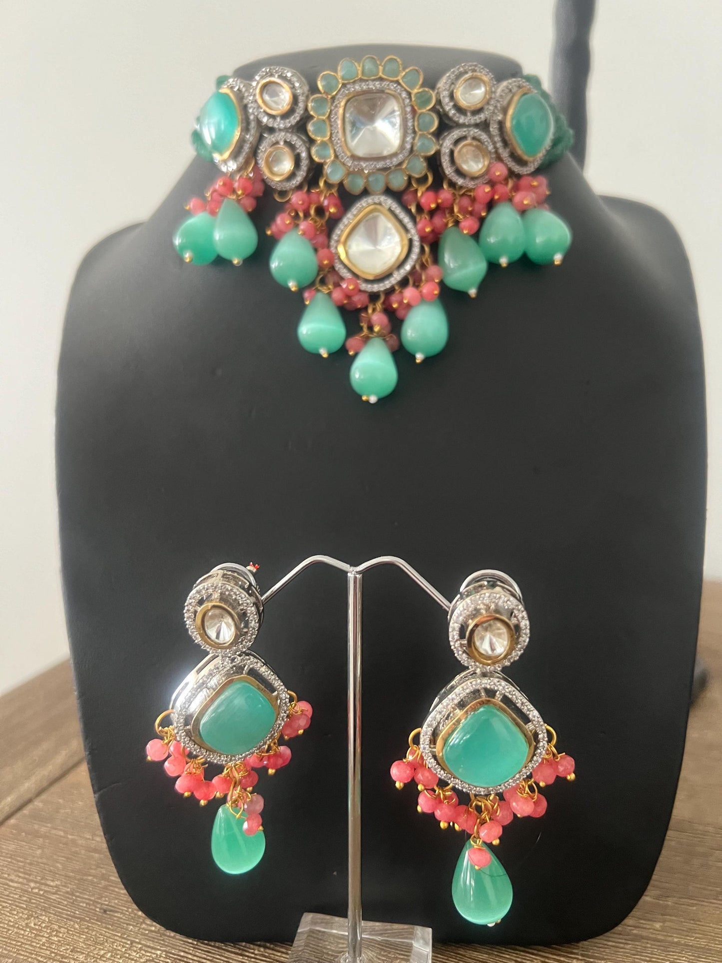 Designer polki and kundan beads green and pink adjustable choker earring set for wedding parties