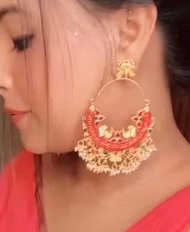 Peacock design Red and green with faux pearl golden elegant Chandbaali earrings