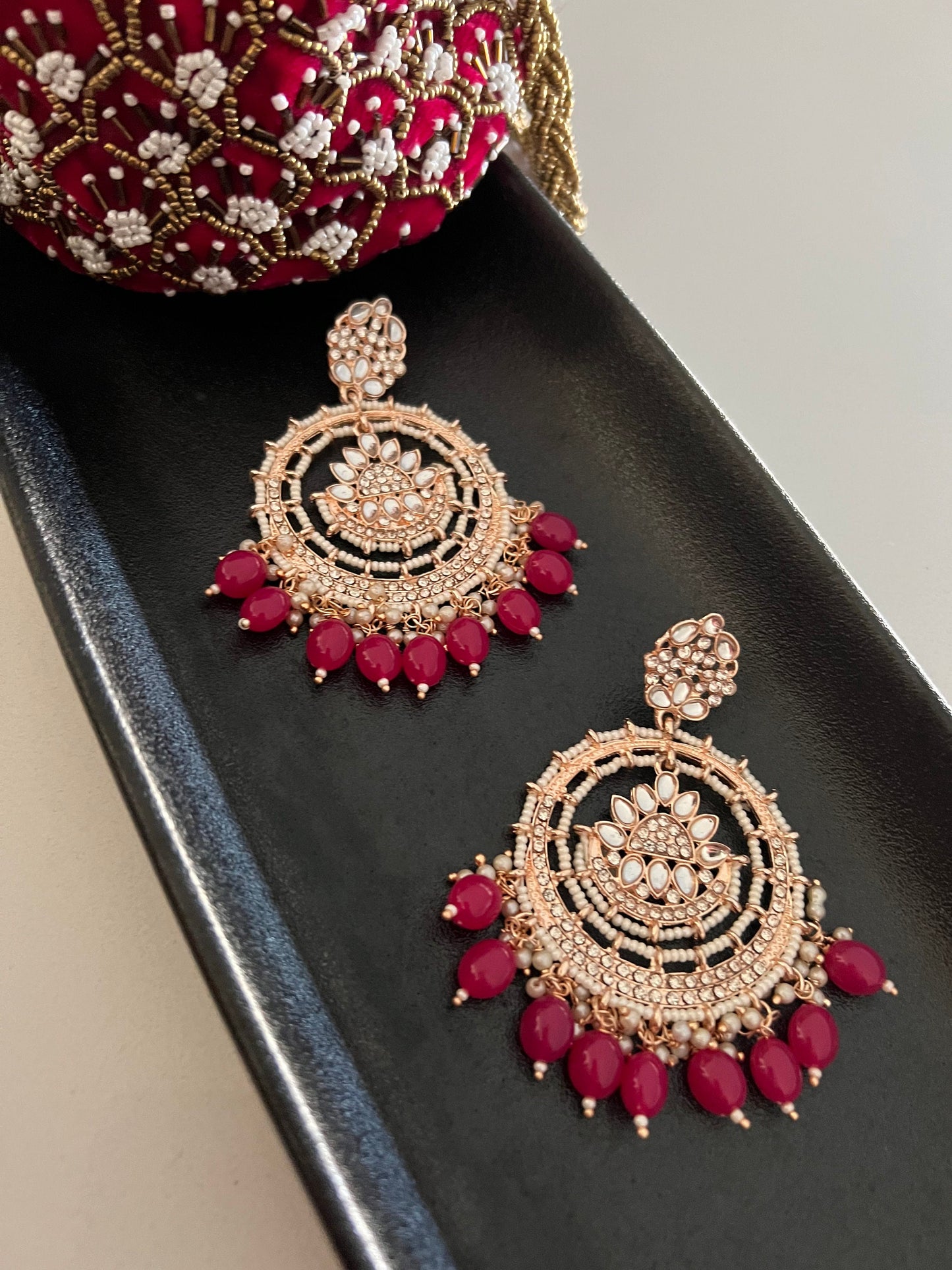 Rose gold kundan ruby beads Chandbali earrings