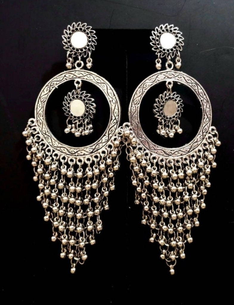 Bohemian style silver mirror dangling earrings