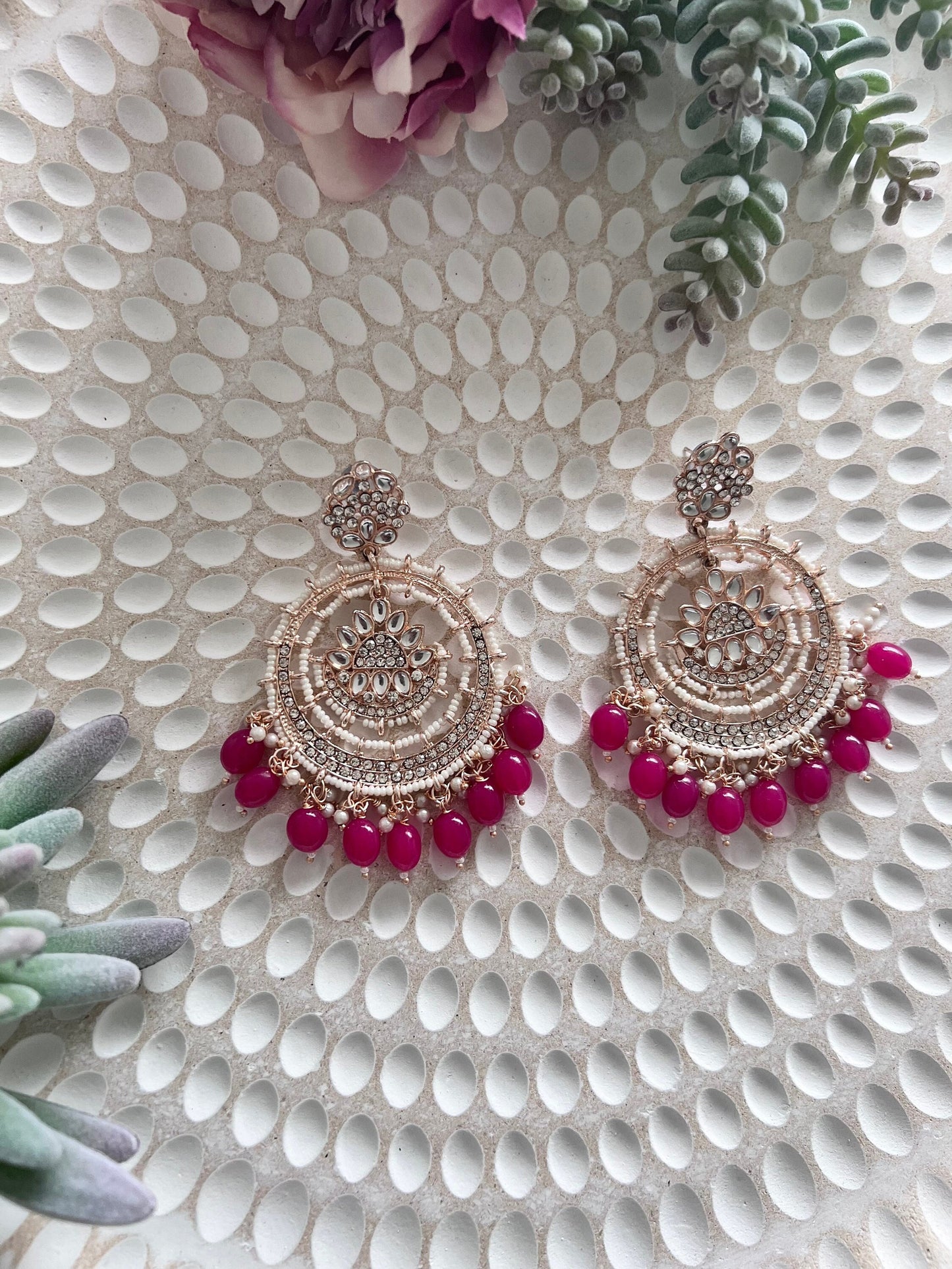 Rose gold kundan ruby beads Chandbali earrings