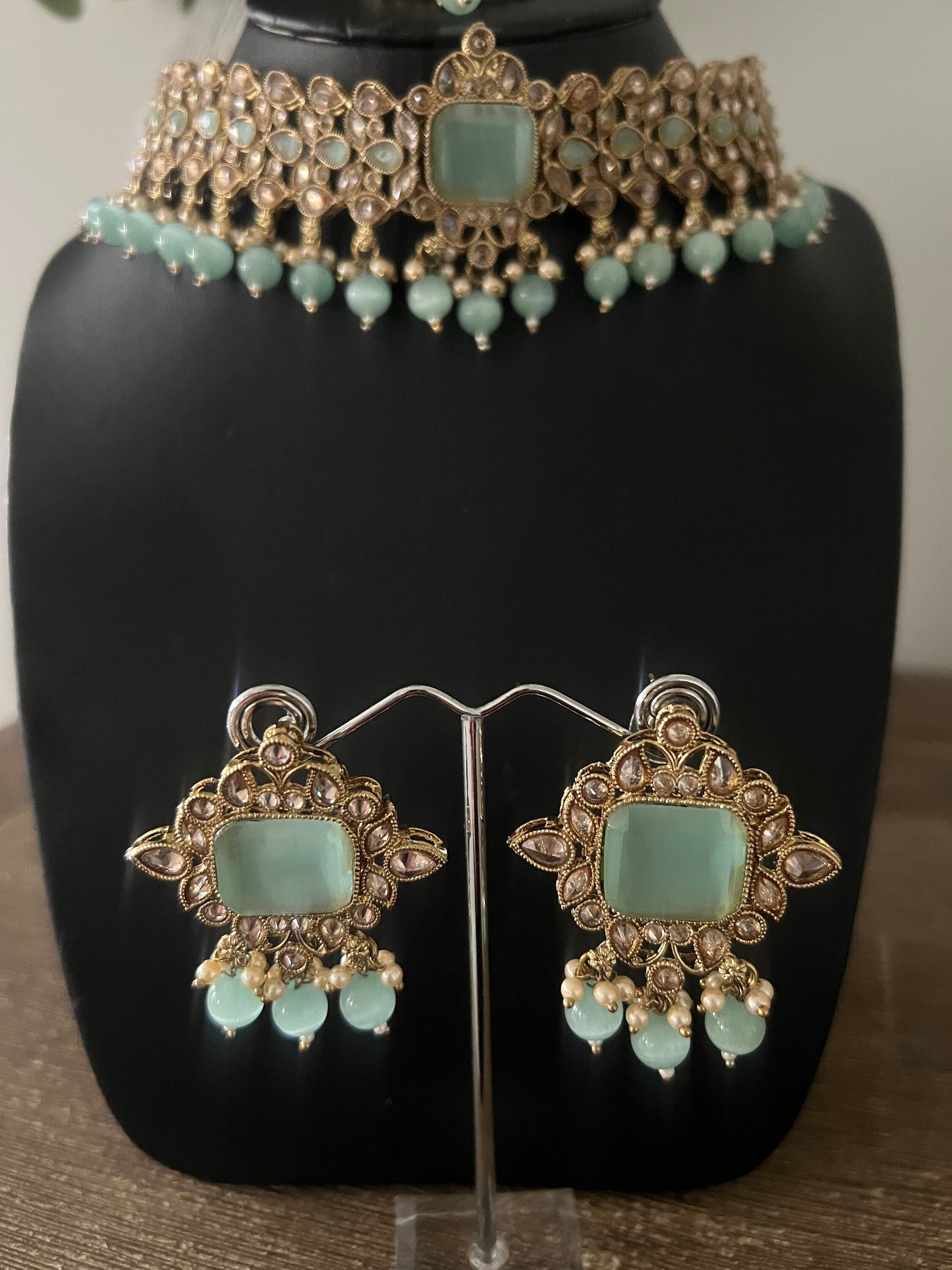 Polki designer earring choker and maang tikka mint set