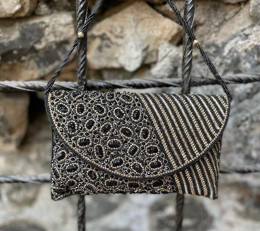 Embellished beaded and gems clutch bag evening bag , with strap