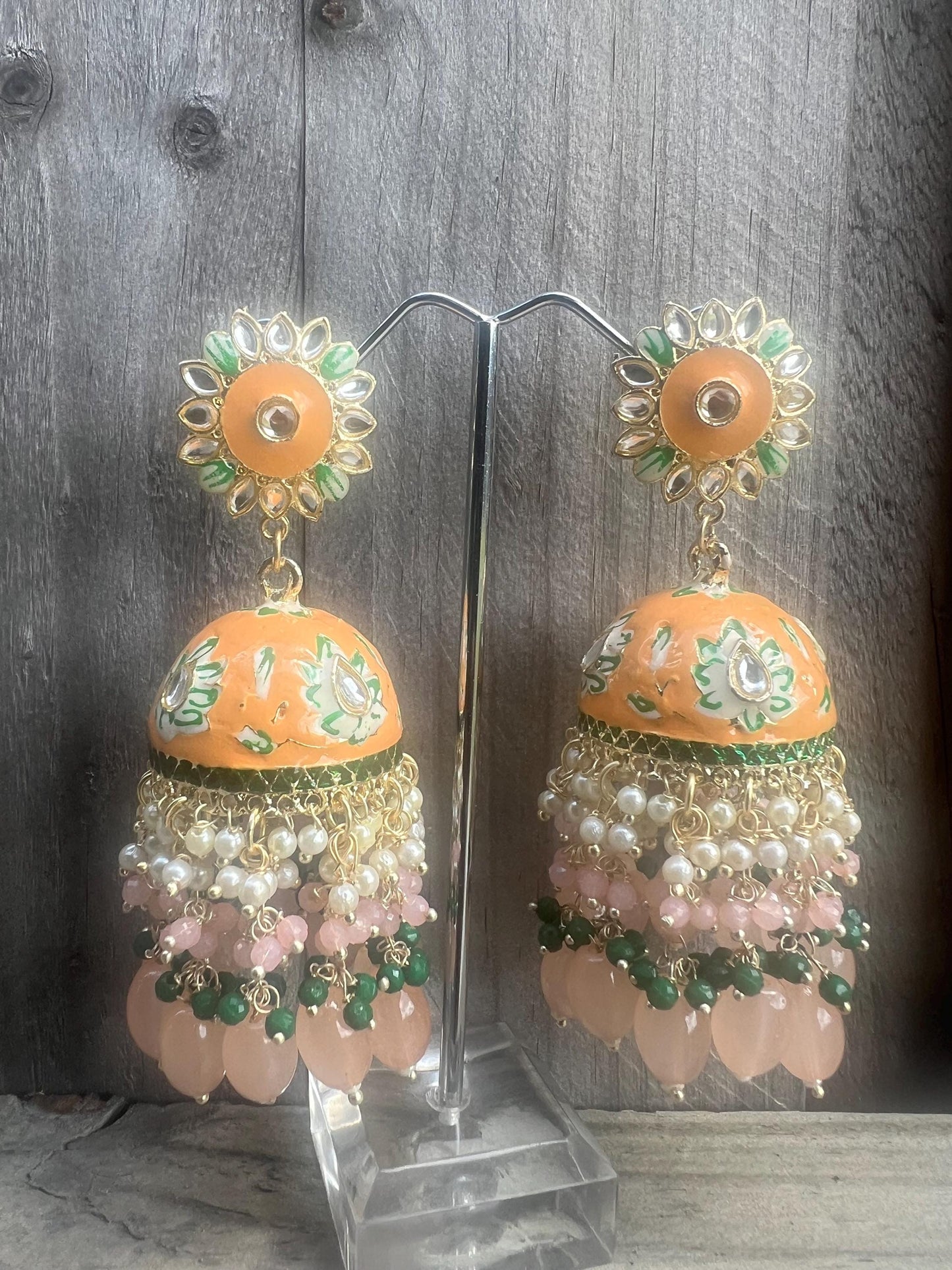 Meenakari jhalar jhumki earrings with pearl chain