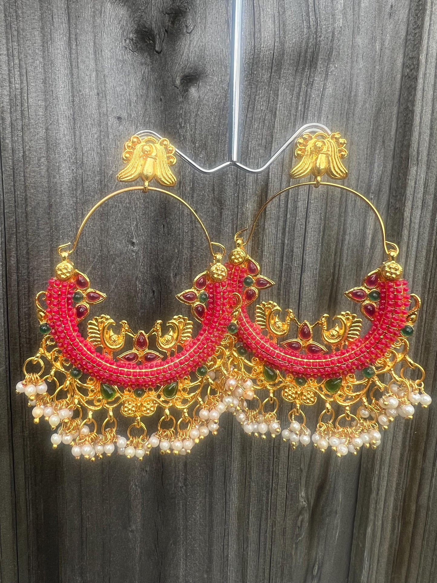 Peacock design Red and green with faux pearl golden elegant Chandbaali earrings