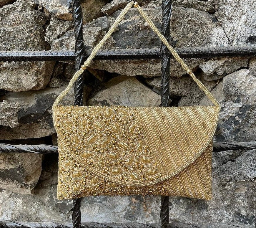 Embellished beaded and gems clutch bag evening bag , with strap