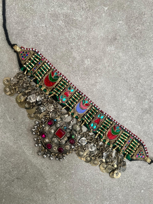 Bohemian choker necklace with old vintage gems and Afghani coins pendant