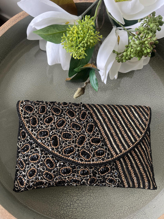 Embellished beaded and gems clutch bag evening bag , with strap