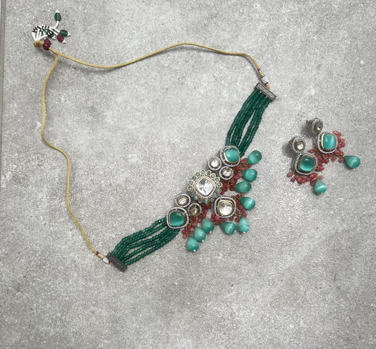 Designer polki and kundan beads green and pink adjustable choker earring set for wedding parties