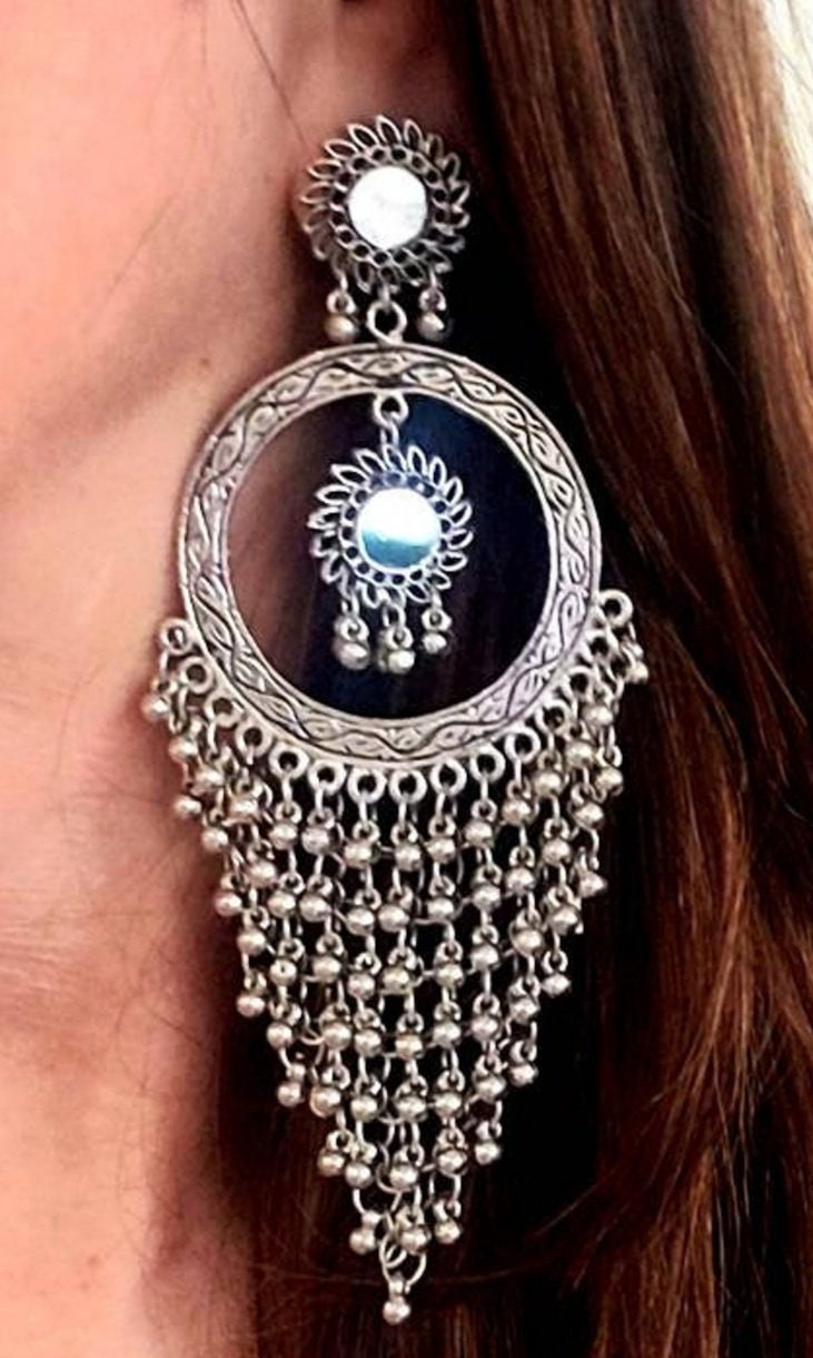 Bohemian style silver mirror dangling earrings