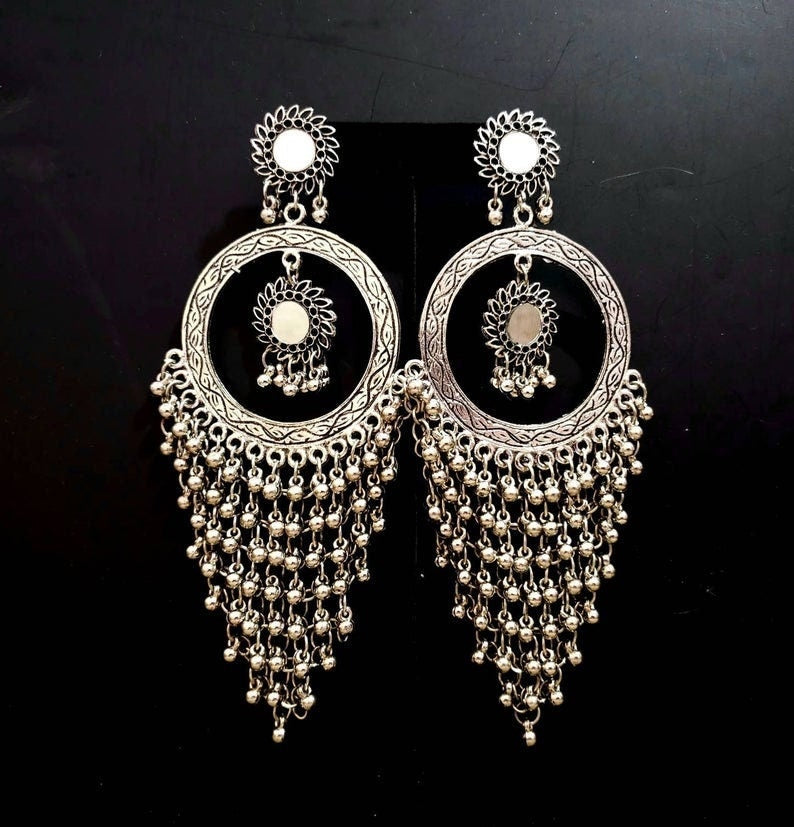 Bohemian style silver mirror dangling earrings