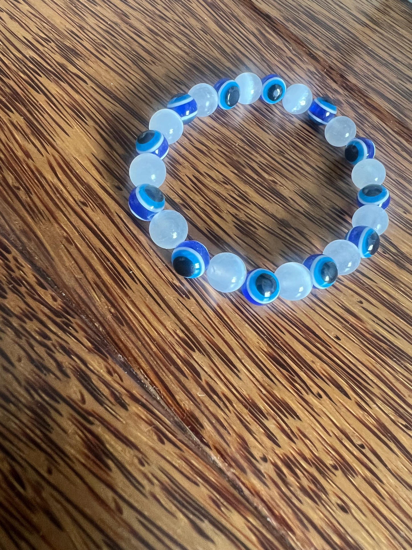 Evil eye and selenite crystal 8mm beads for protection shield, recharge. remove negative energy clearing bracelet