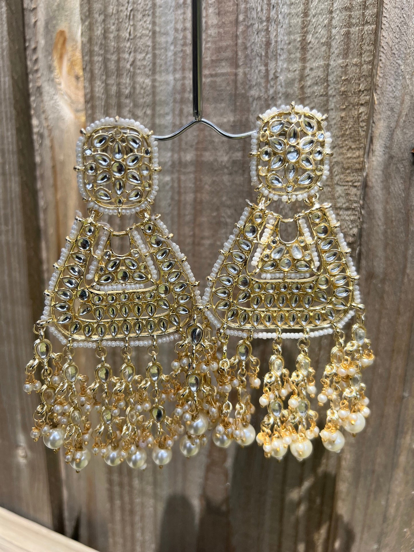 Ultimate glam kundan and faux pearl in gold setting big earrings weddings party designer ethnic
