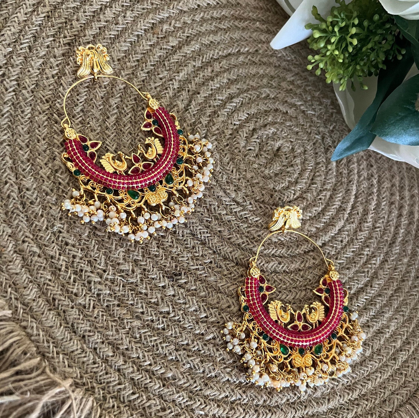 Peacock design Red and green with faux pearl golden elegant Chandbaali earrings