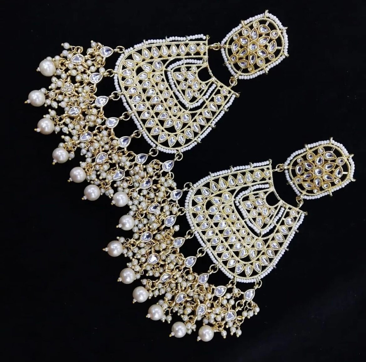 Ultimate glam kundan and faux pearl in gold setting big earrings weddings party designer ethnic