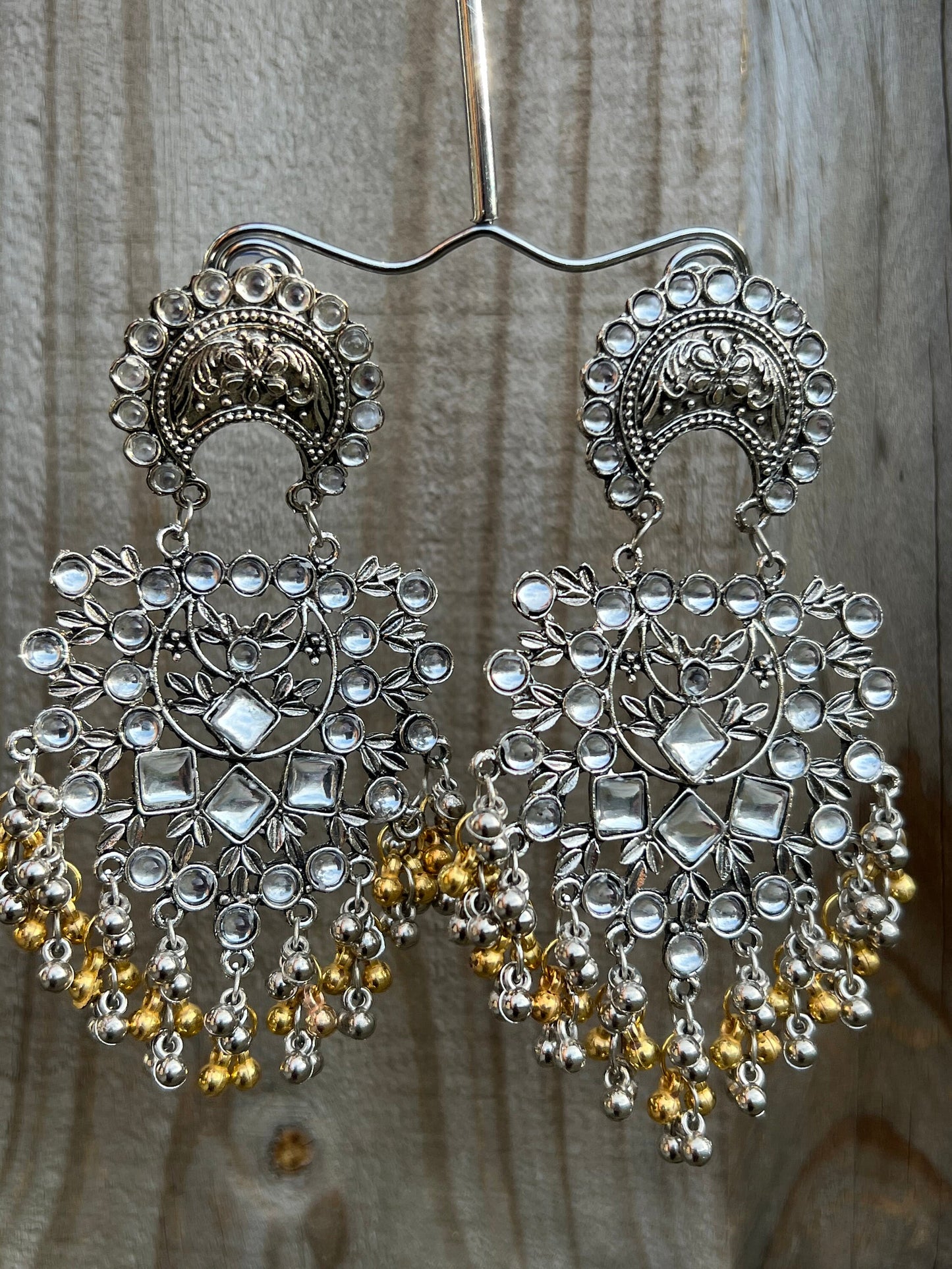 Kundan and mirror big silver look oxidised with golden beads unique ethnic earrings