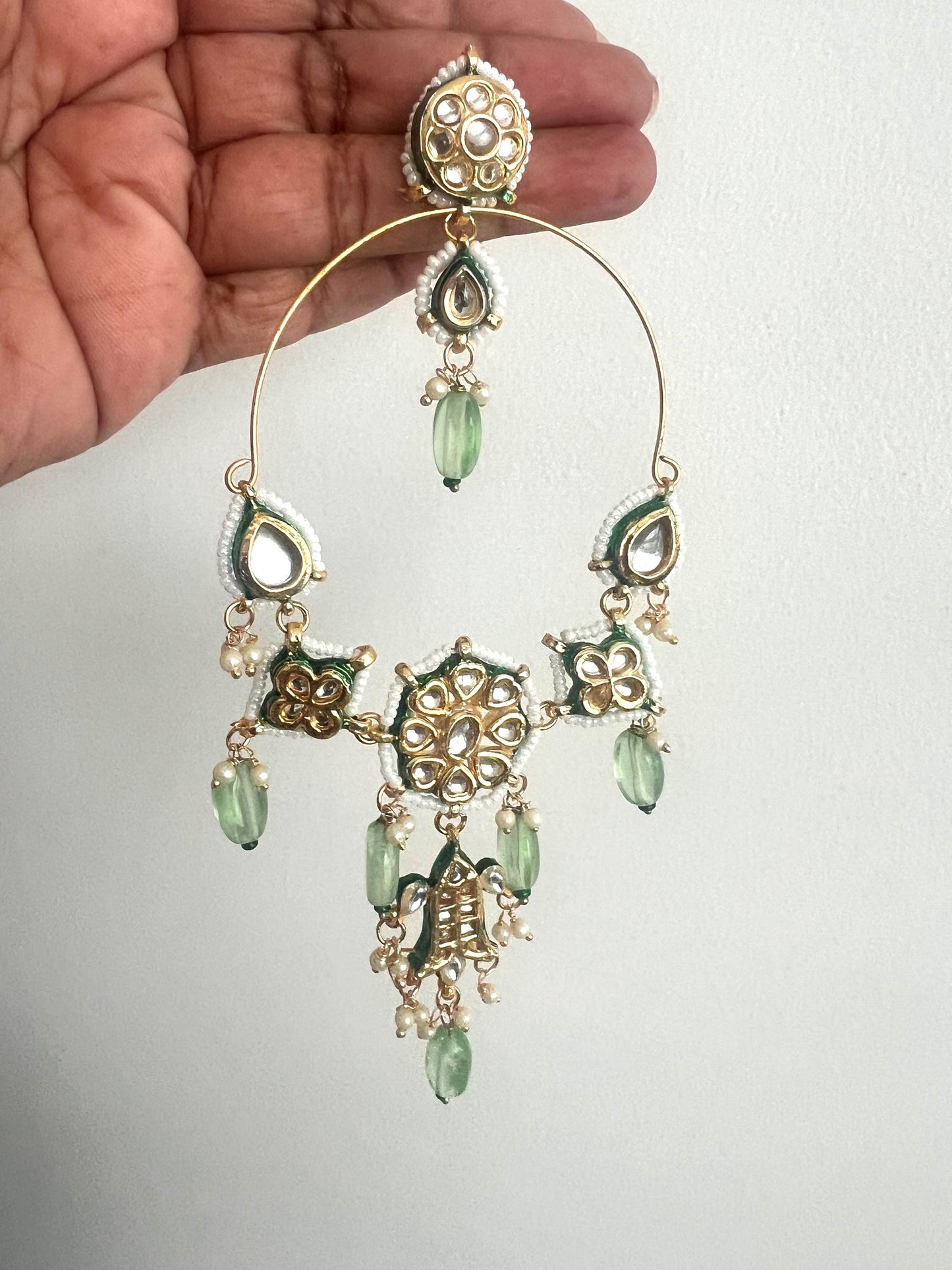 Bohemian tribal kundan light green beads long earrings