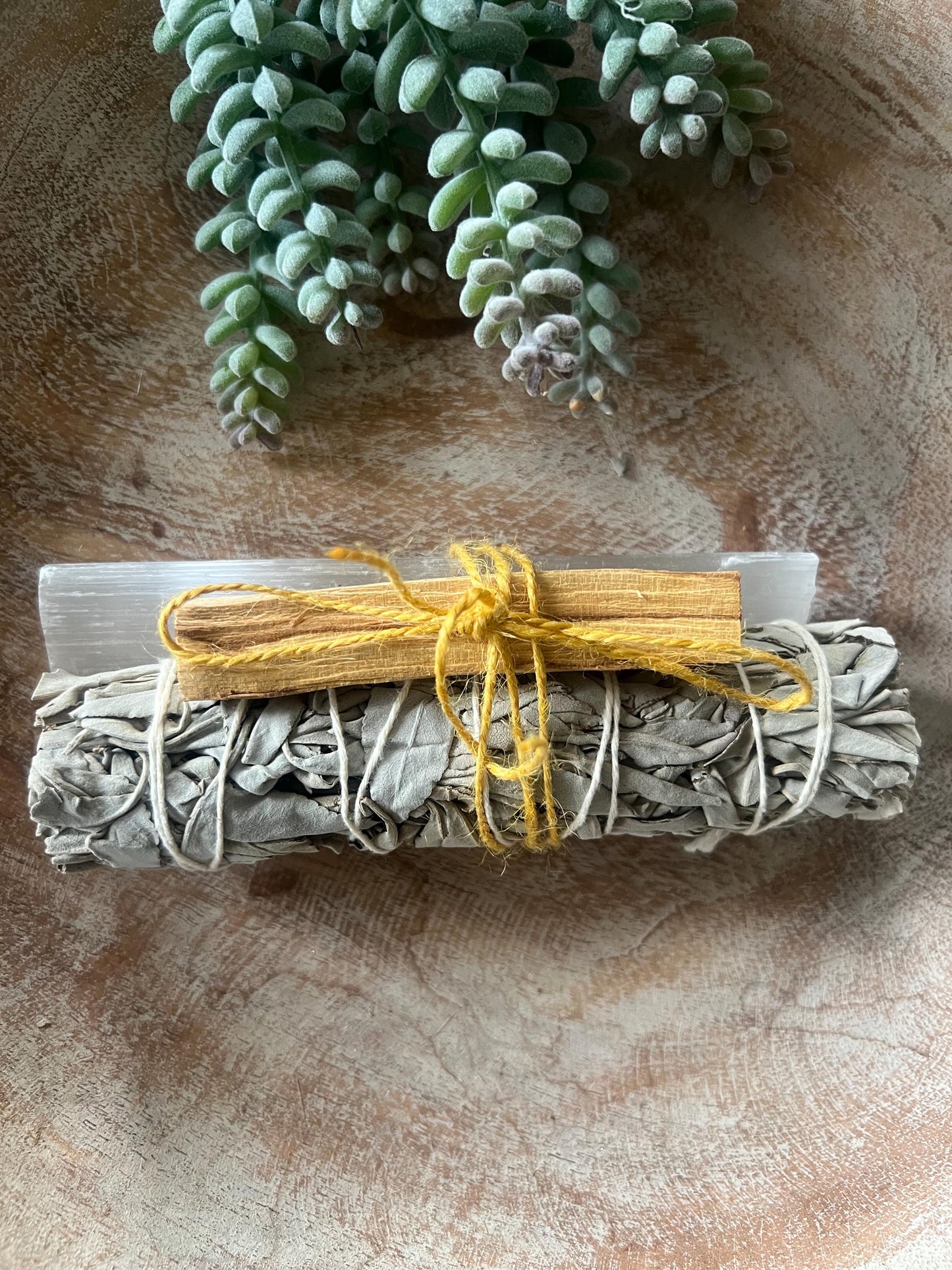 Smudge cleanse and protect your space bundle 1 White Sage premium stick , 1 Palo santo stick and 1 selenite crystal bundle of 3