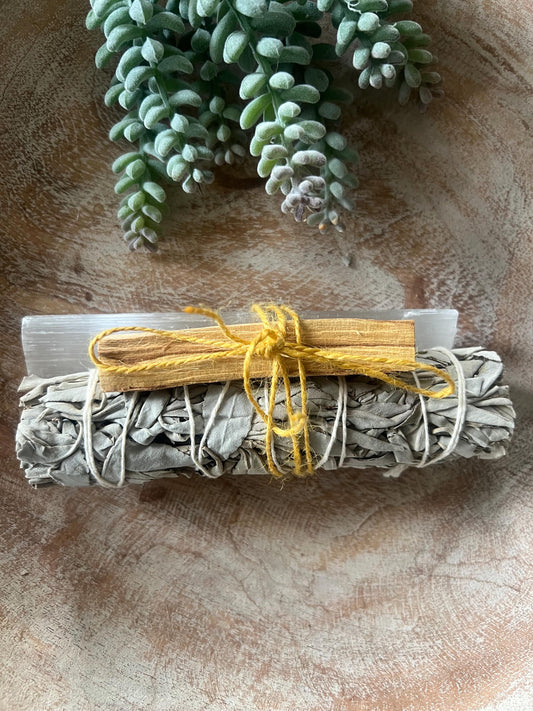 Smudge cleanse and protect your space bundle 1 White Sage premium stick , 1 Palo santo stick and 1 selenite crystal bundle of 3