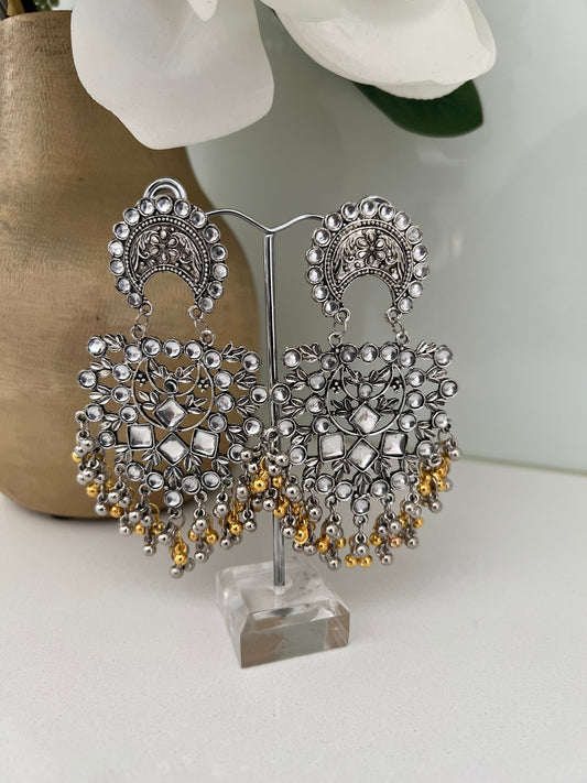 Kundan and mirror big silver look oxidised with golden beads unique ethnic earrings