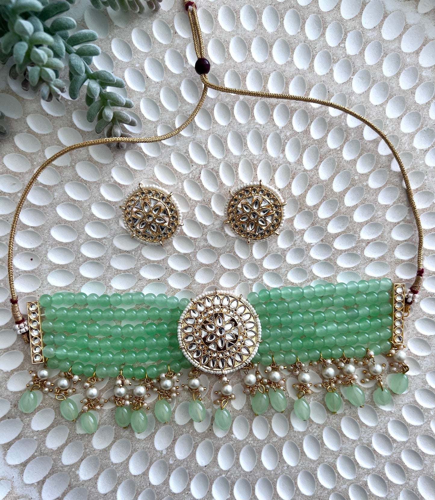 Samaraah mint green kundan and beads choker and earring set