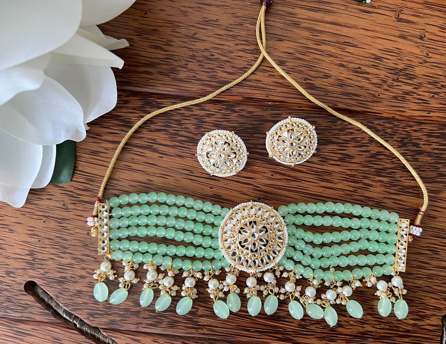 Samaraah mint green kundan and beads choker and earring set