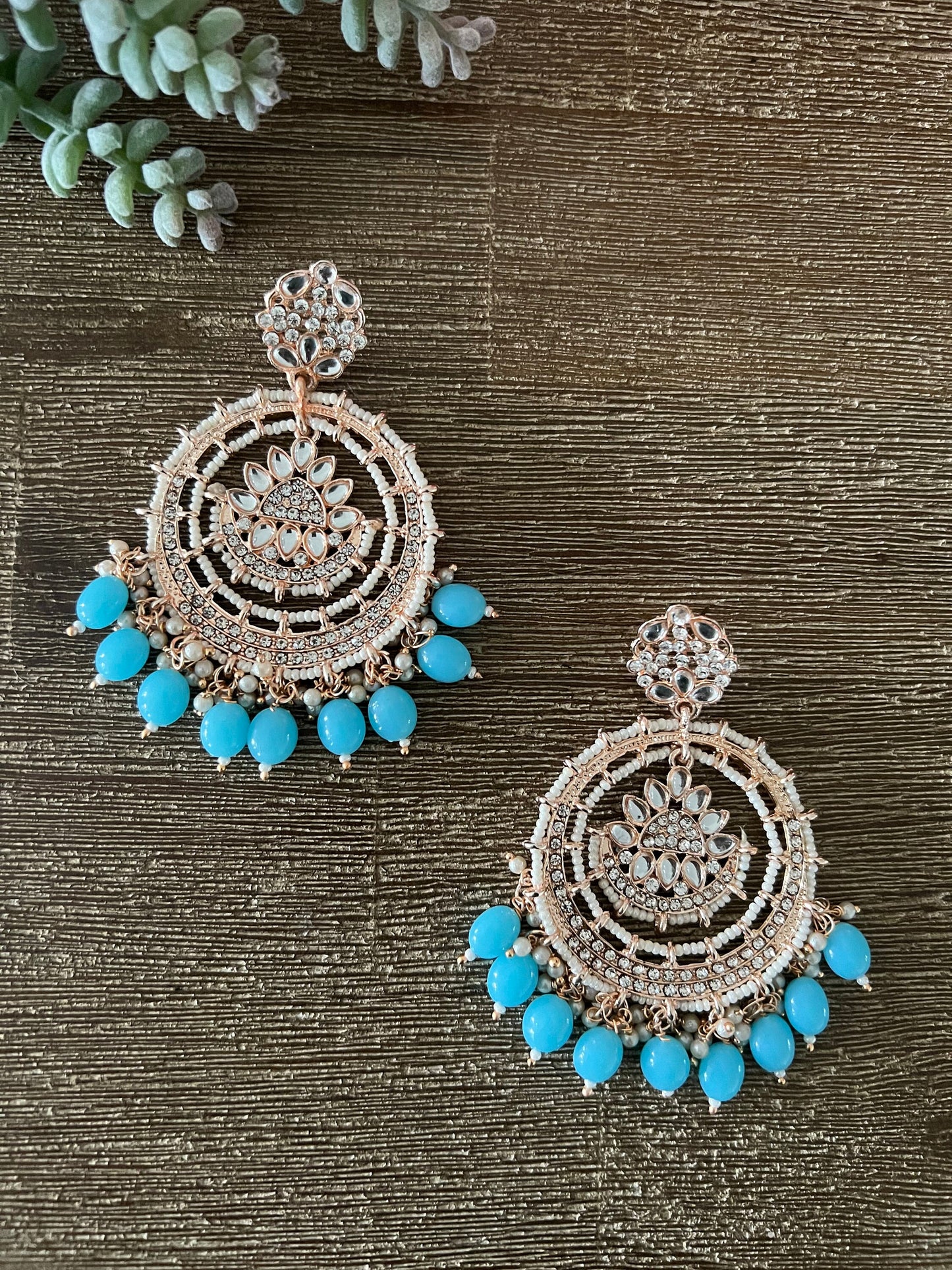 Rose gold kundan and blue beads Chandbali Bali earrings