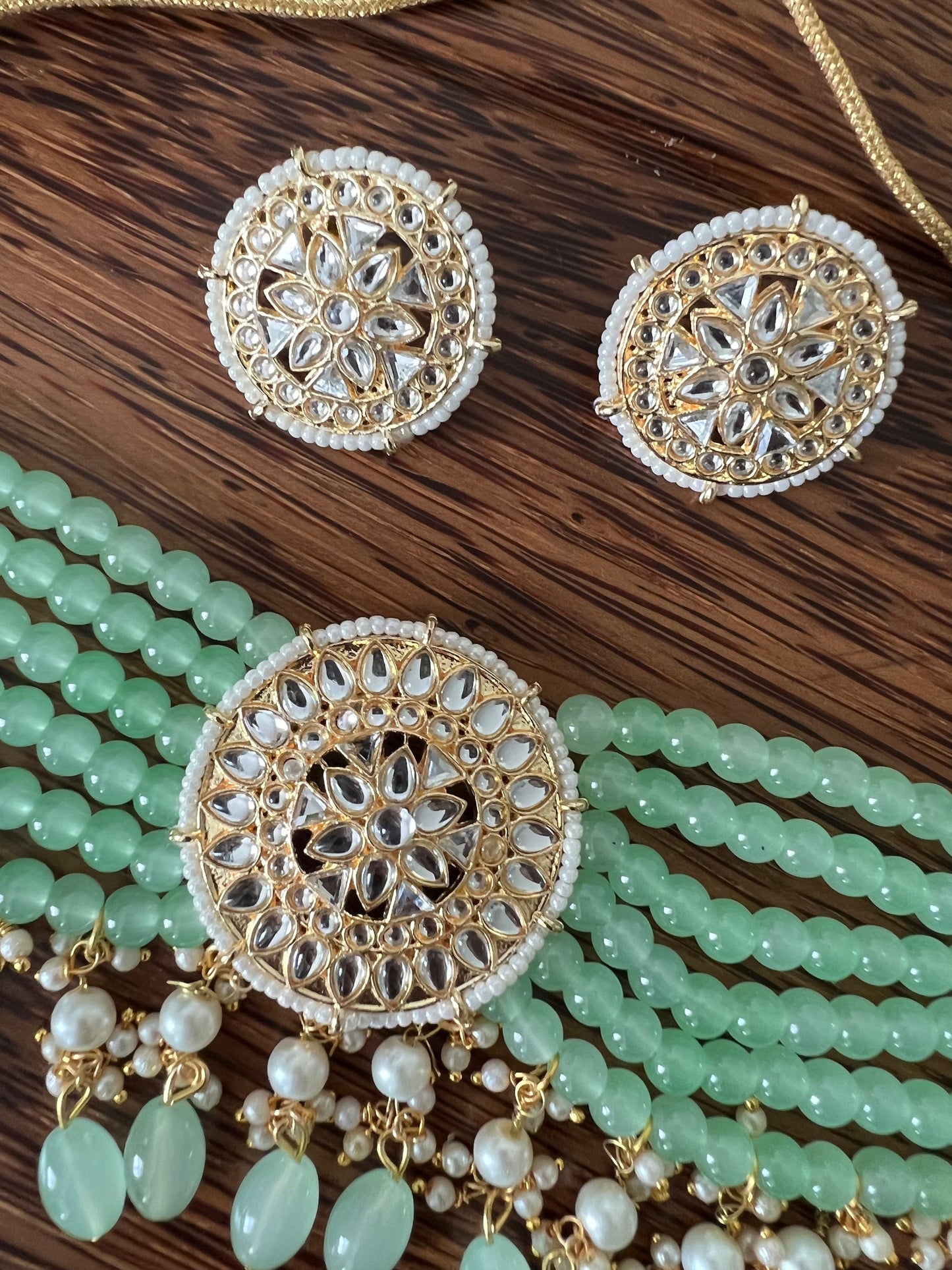 Samaraah mint green kundan and beads choker and earring set