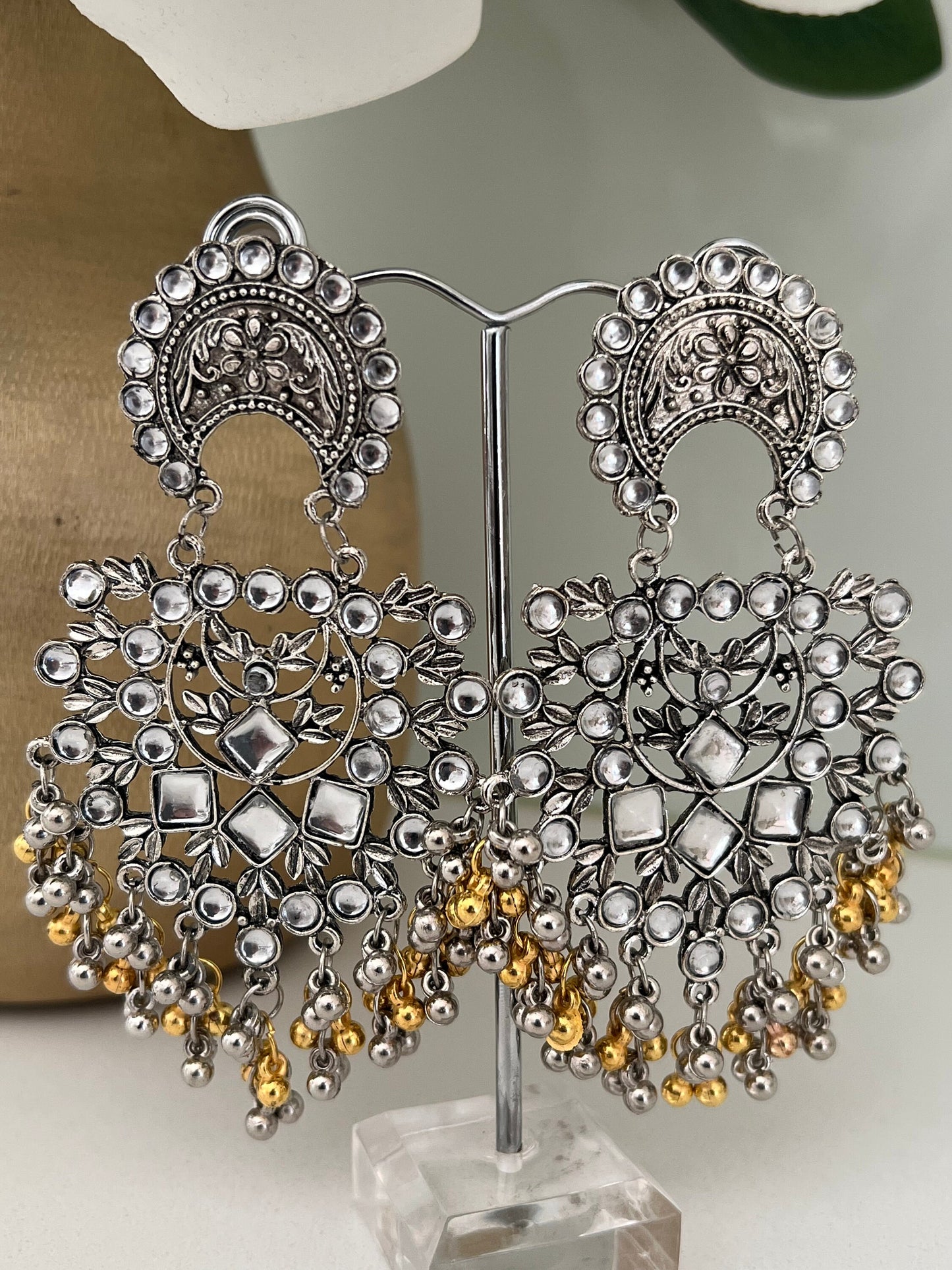Kundan and mirror big silver look oxidised with golden beads unique ethnic earrings