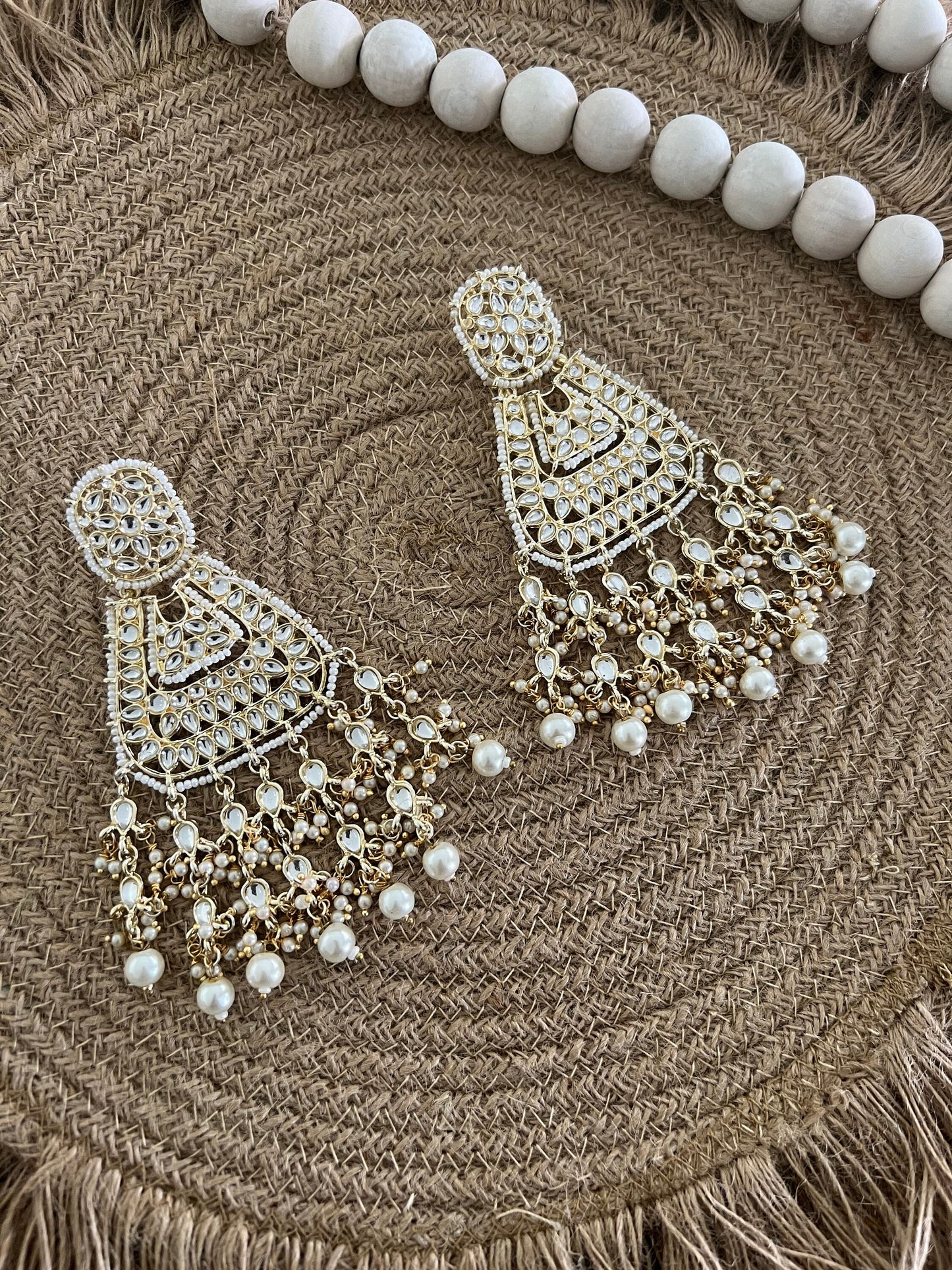 Ultimate glam kundan and faux pearl in gold setting big earrings weddings party designer ethnic