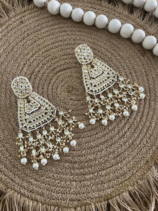 Ultimate glam kundan and faux pearl in gold setting big earrings weddings party designer ethnic