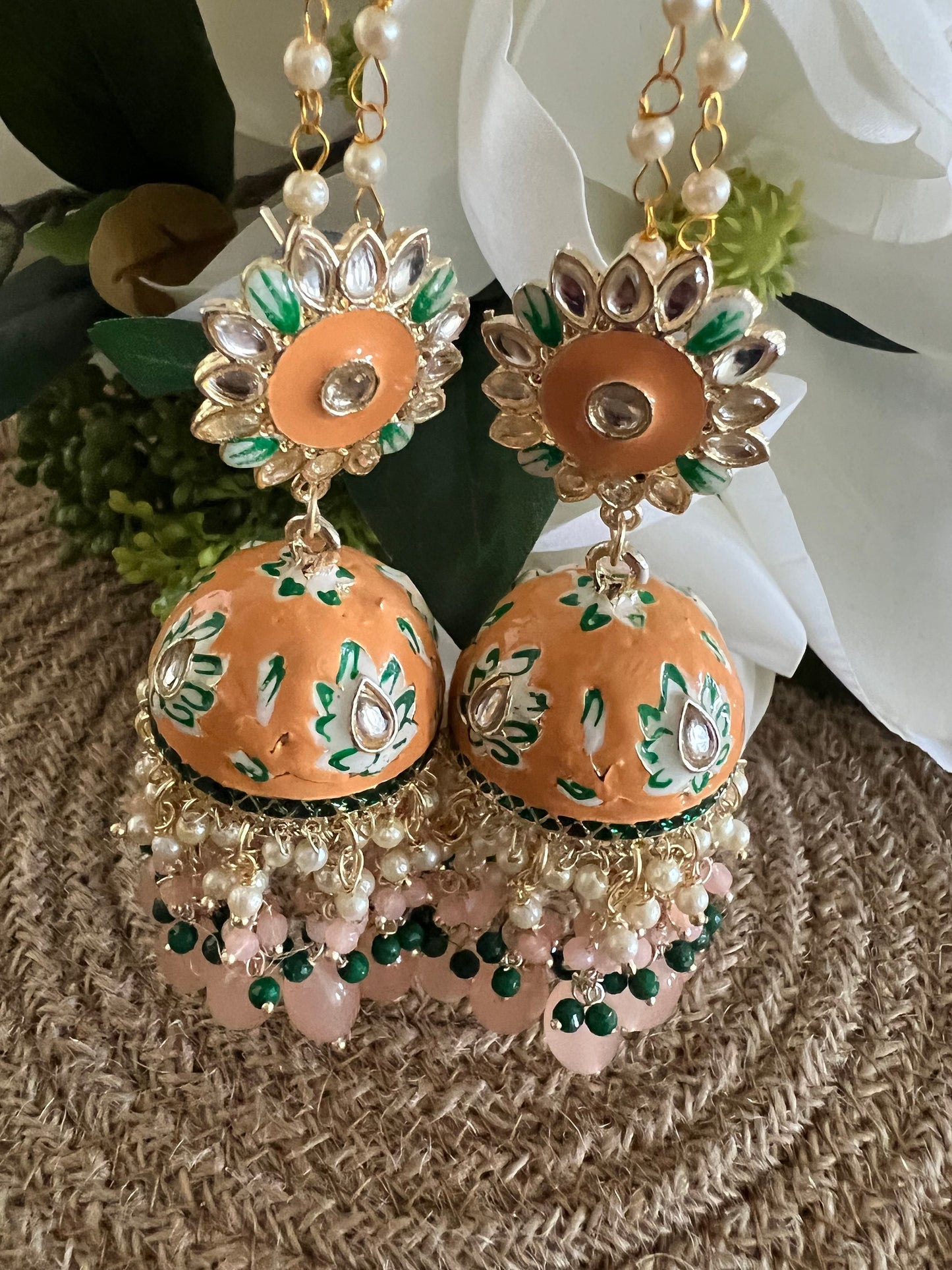 Meenakari jhalar jhumki earrings with pearl chain