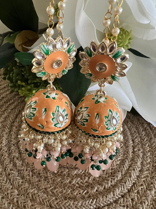 Meenakari jhalar jhumki earrings with pearl chain