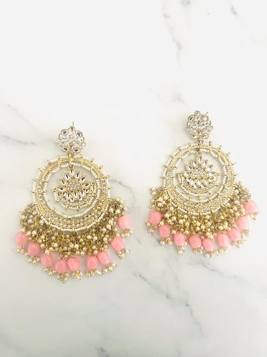 Glamorous light pink kundan and beads Chandbaali earring