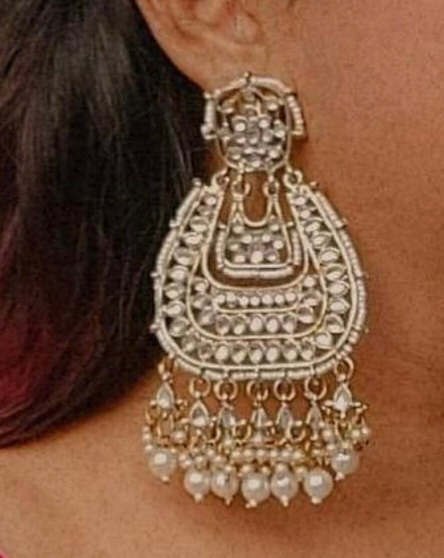 Ultimate glam kundan and faux pearl in gold setting big earrings weddings party designer ethnic