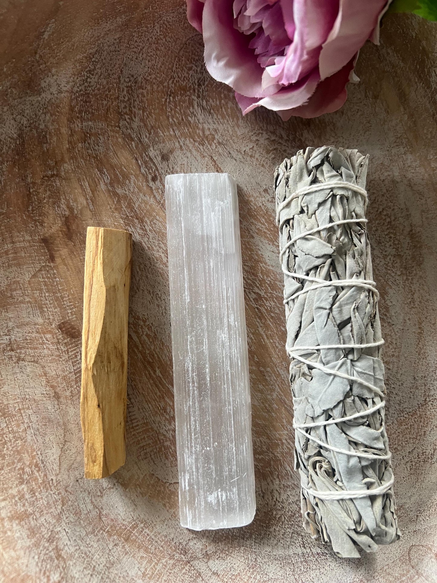 Smudge cleanse and protect your space bundle 1 White Sage premium stick , 1 Palo santo stick and 1 selenite crystal bundle of 3