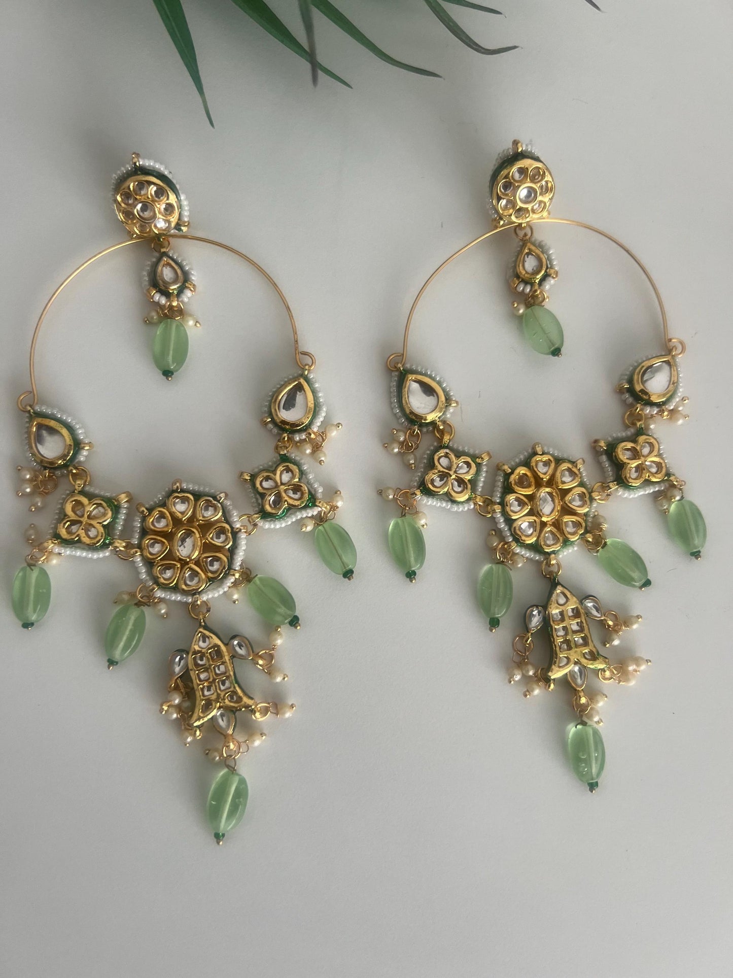 Bohemian tribal kundan light green beads long earrings