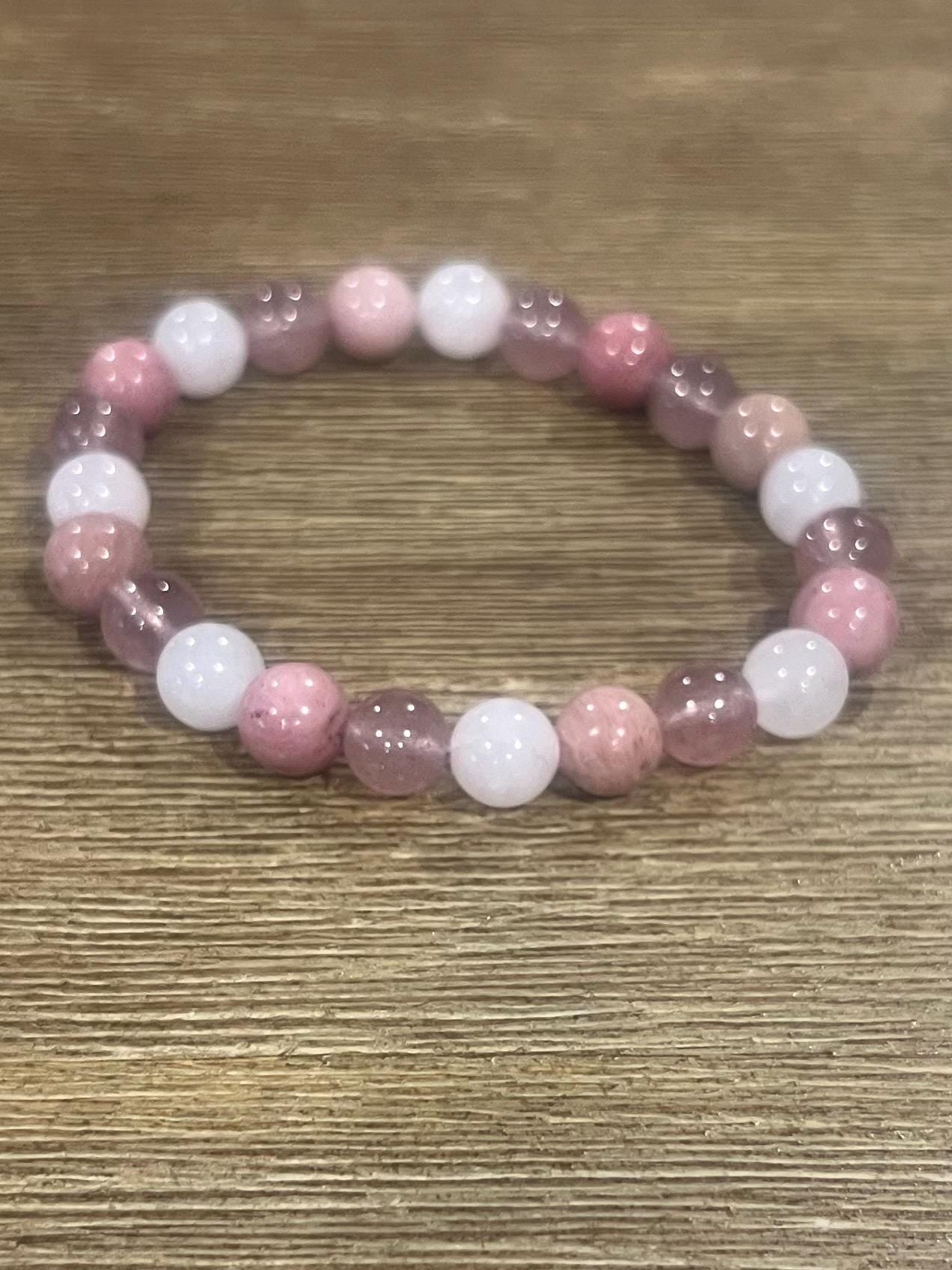 Trio love crystal Rose quartz strawberry quartz and Rhodonite crystal healing bracelet