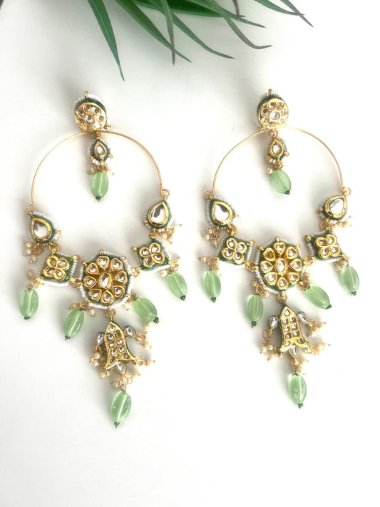 Bohemian tribal kundan light green beads long earrings