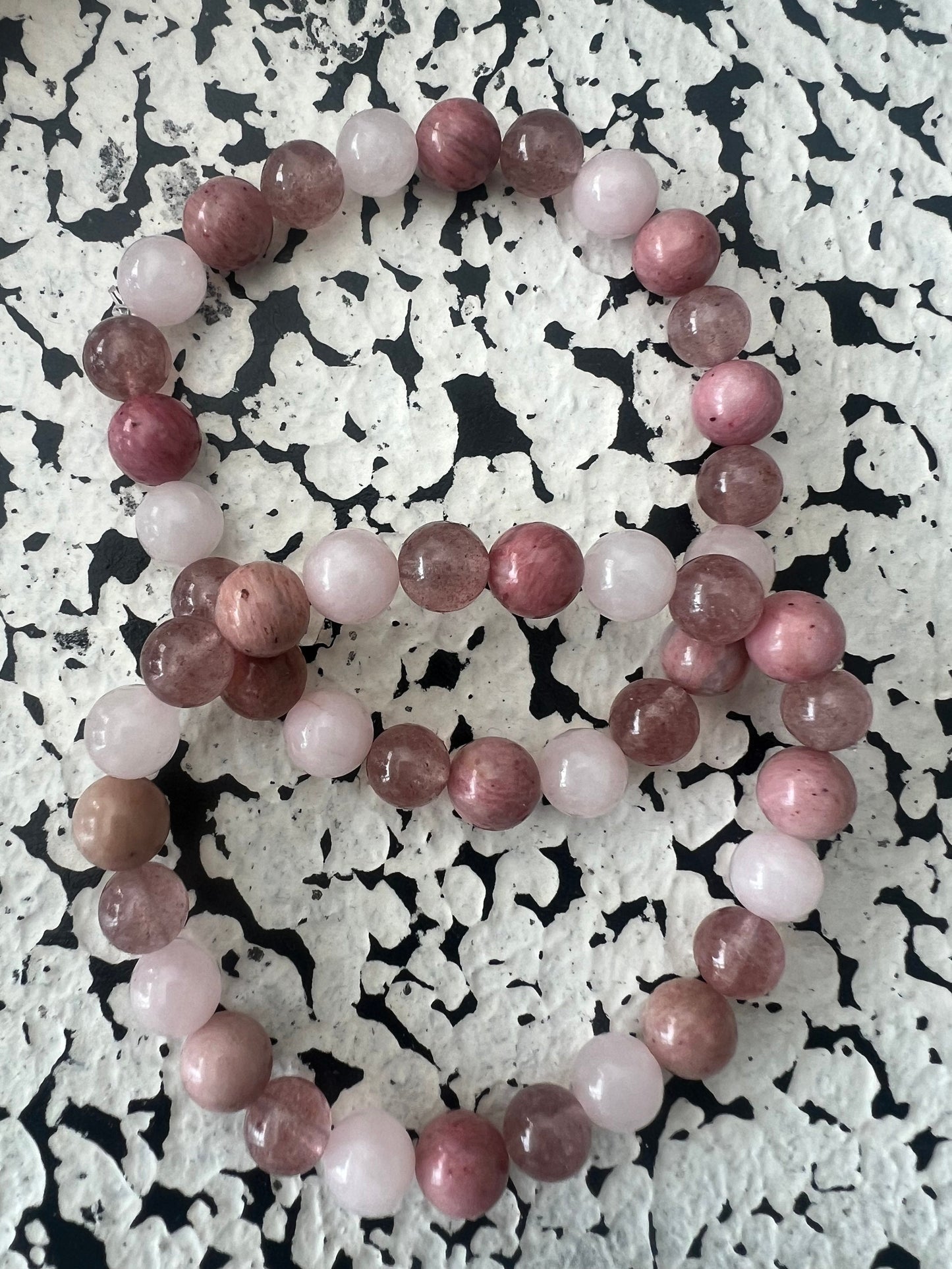 Trio love crystal Rose quartz strawberry quartz and Rhodonite crystal healing bracelet