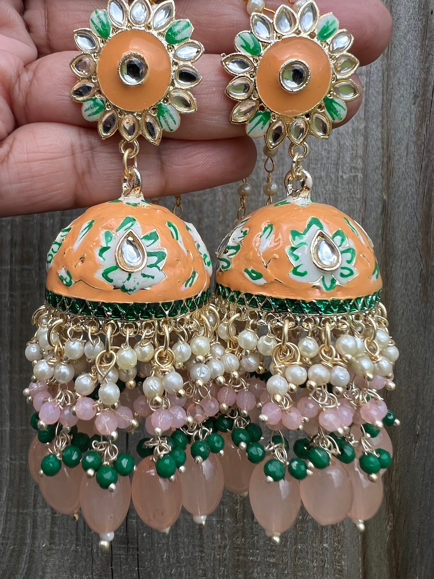 Meenakari jhalar jhumki earrings with pearl chain