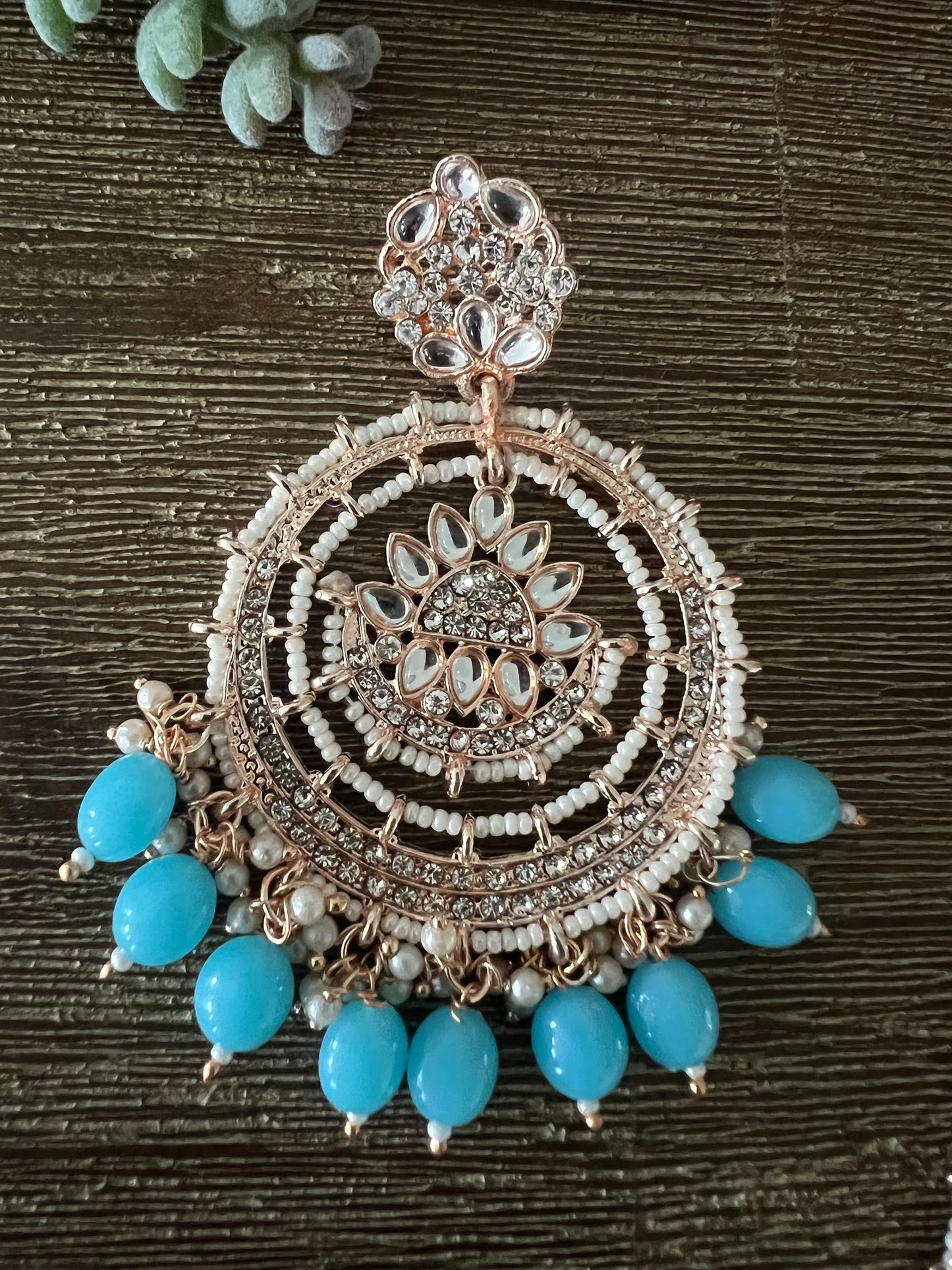 Rose gold kundan and blue beads Chandbali Bali earrings
